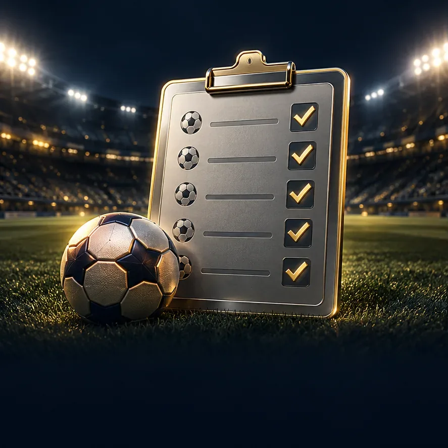 Daily Five quiz: a clipboard of five ticked answers beside a football under stadium floodlights