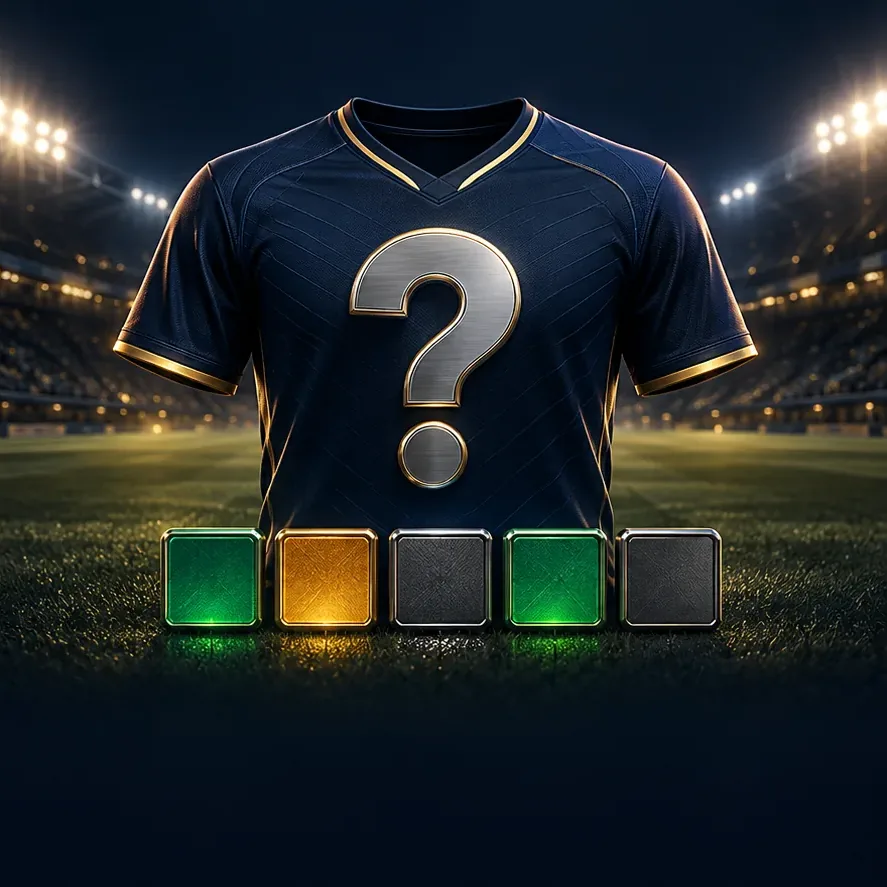 Player Wordle: a mystery shirt with a question mark above green, amber and grey clue tiles